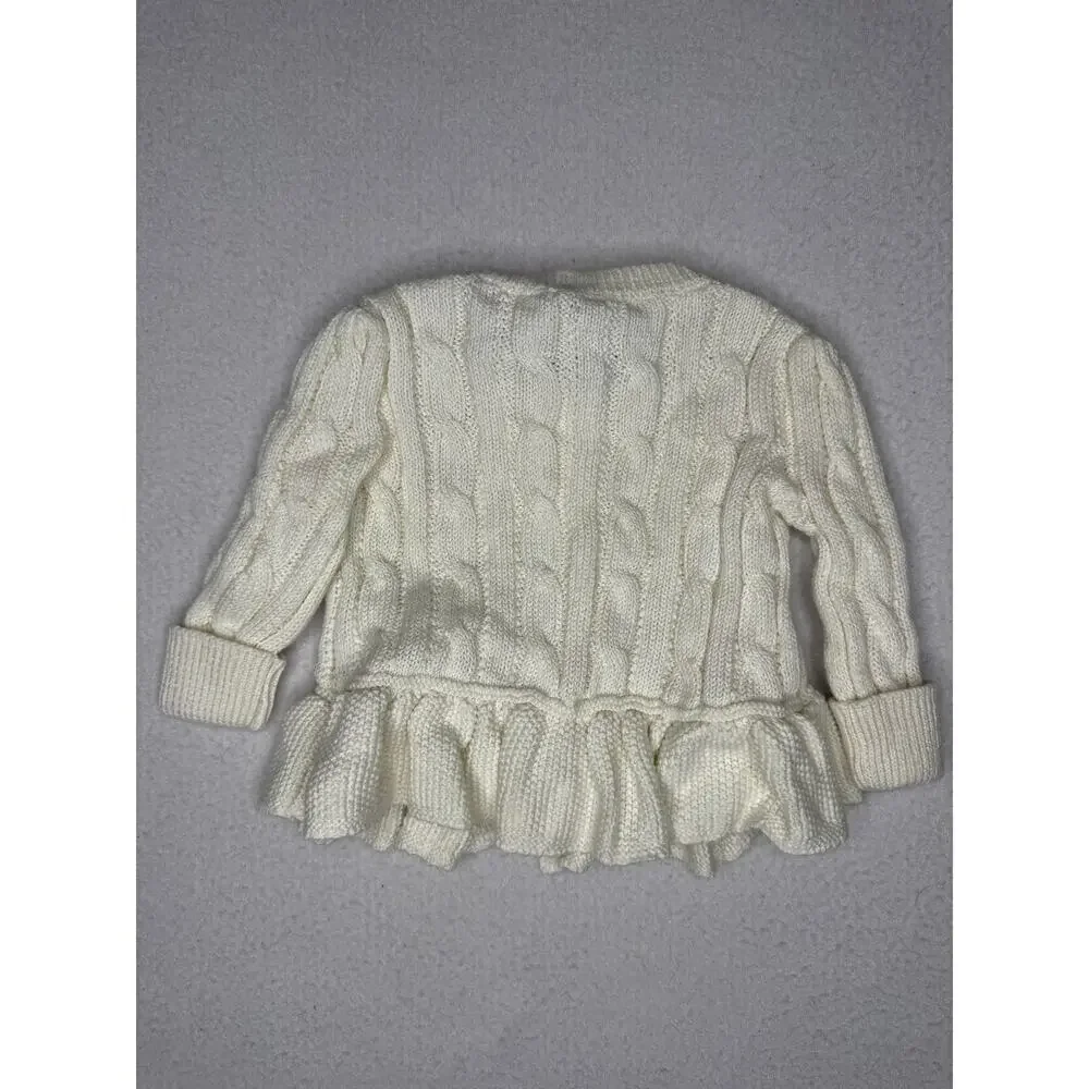Ralph Lauren Baby Girls 3M Cream Cable Knit Ruffle Cardigan Sweater Red Pony